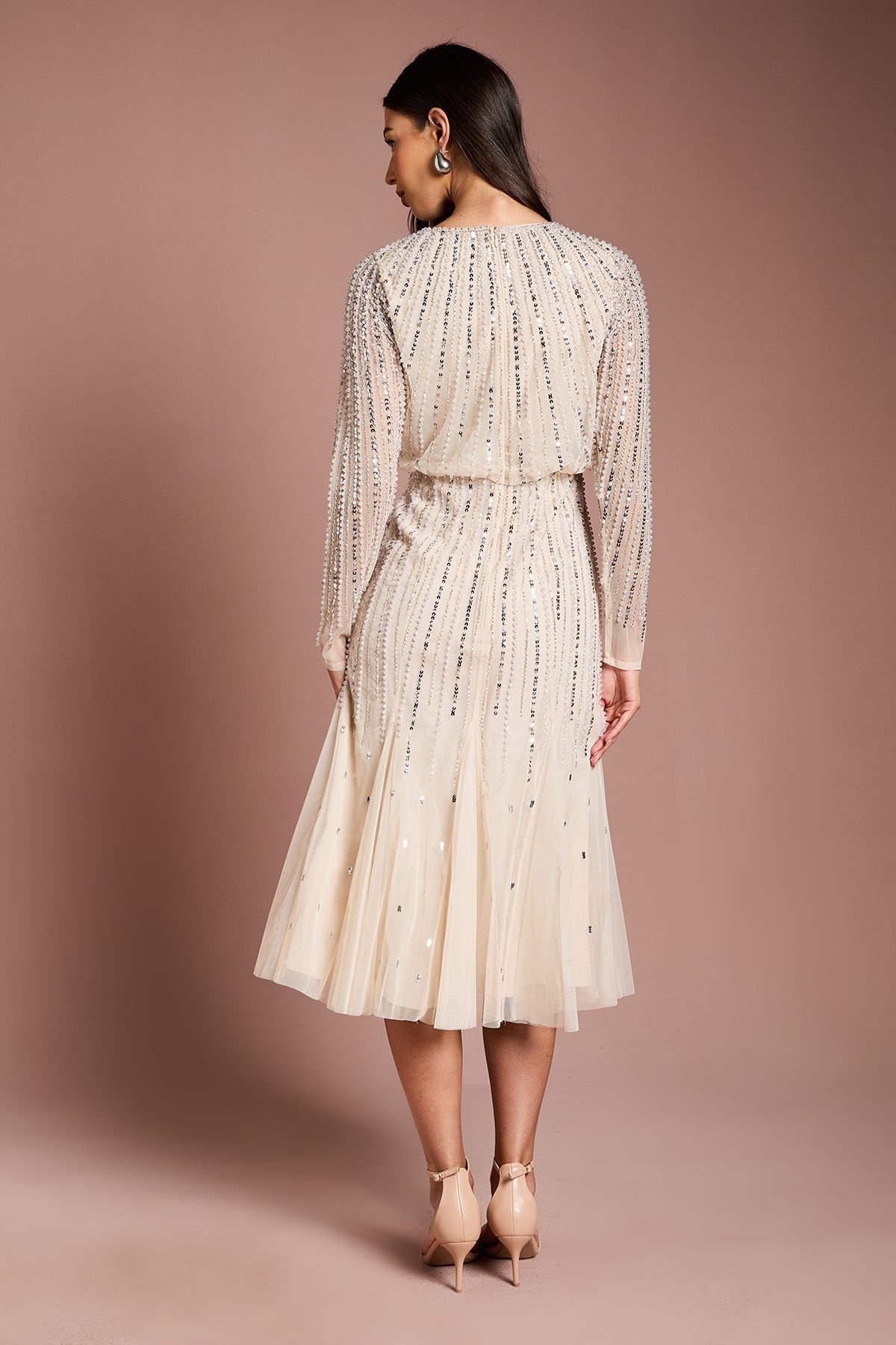 Coast Coast Women's Party Sequin Long Sleeve Midi Dress in Champagne - 3