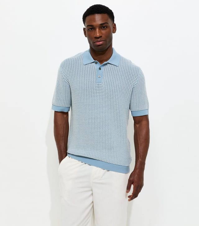 jack & jones Men's Light Blue Cotton Relaxed Textured Knit Polo Shirt Jack & Jones New Look - 2