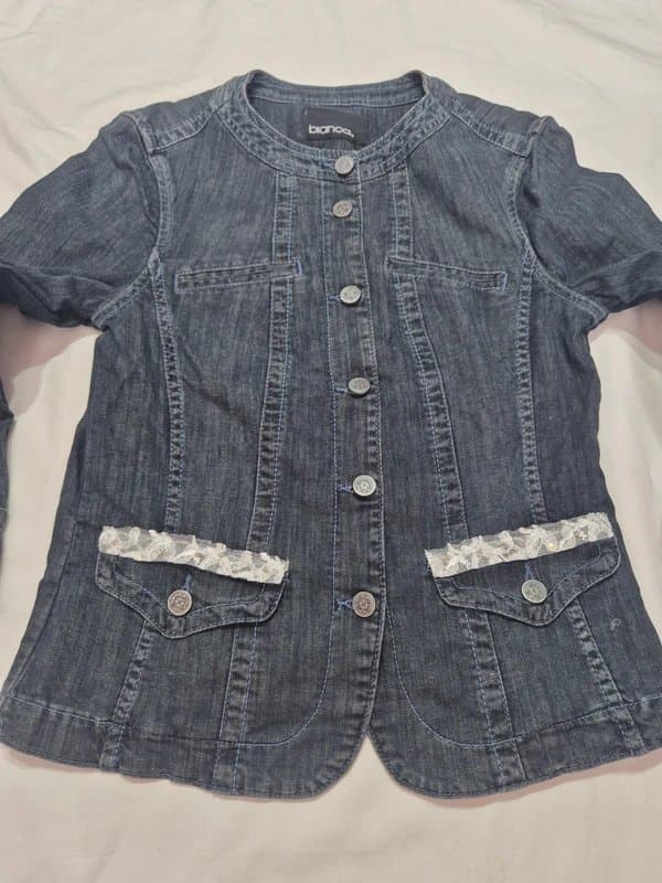 Bianca Vintage Bianca Y2K Denim Jacket 10 Blue Lace Trim Distressed Shacket Boho Grunge Cottagecore