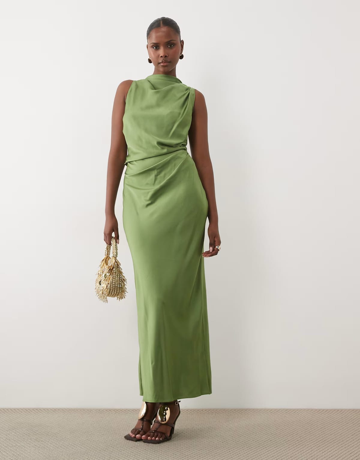 ASOS ASOS DESIGN pleated gathered bodice satin maxi dress with high neck in olive green - 1