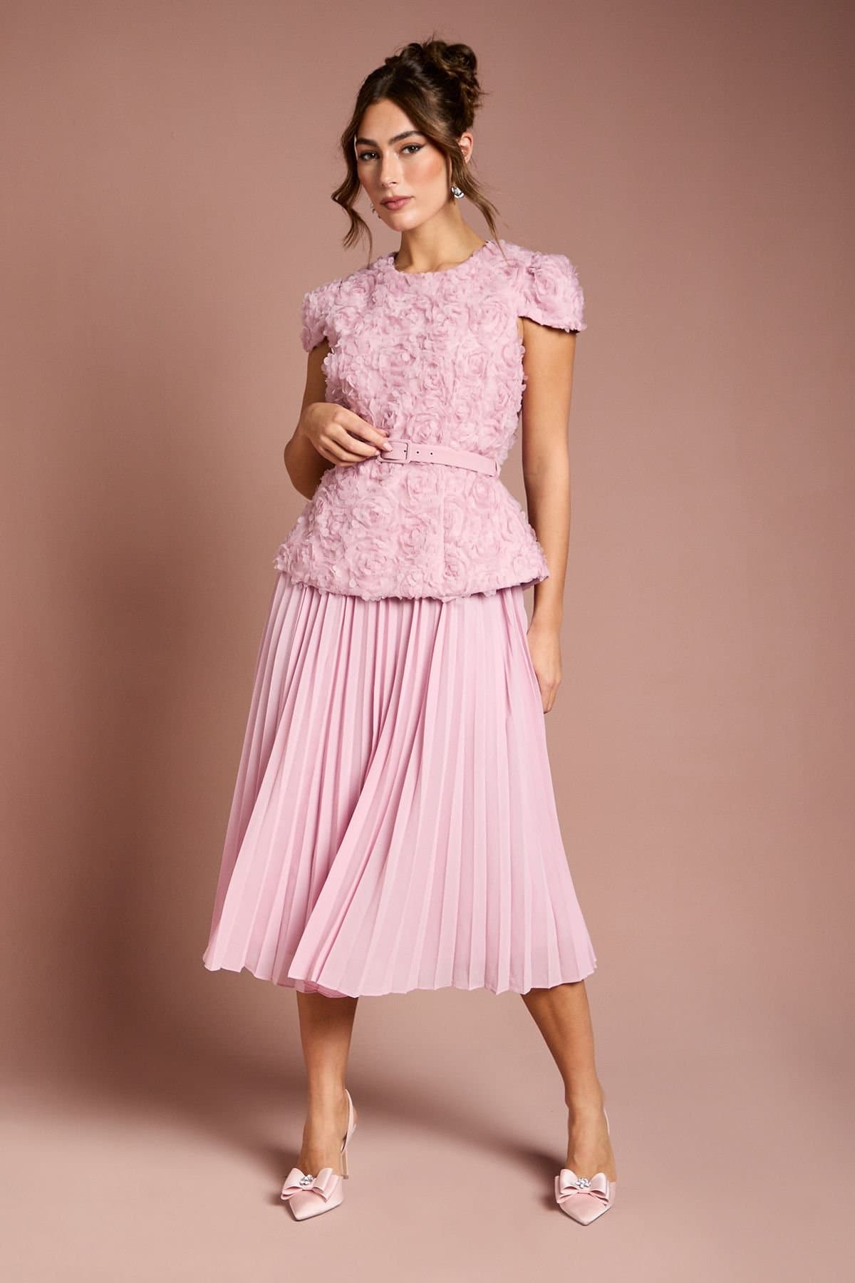 Coast Coast Women's Short Sleeve 3D Flower Belted Midi Dress in Pale Pink
