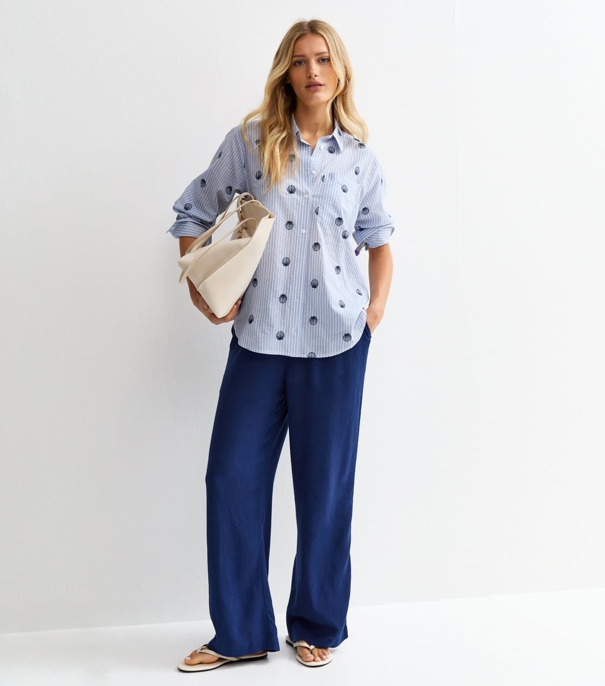 New Look Women's Navy Linen Look Wide Leg Drawstring Trousers New Look