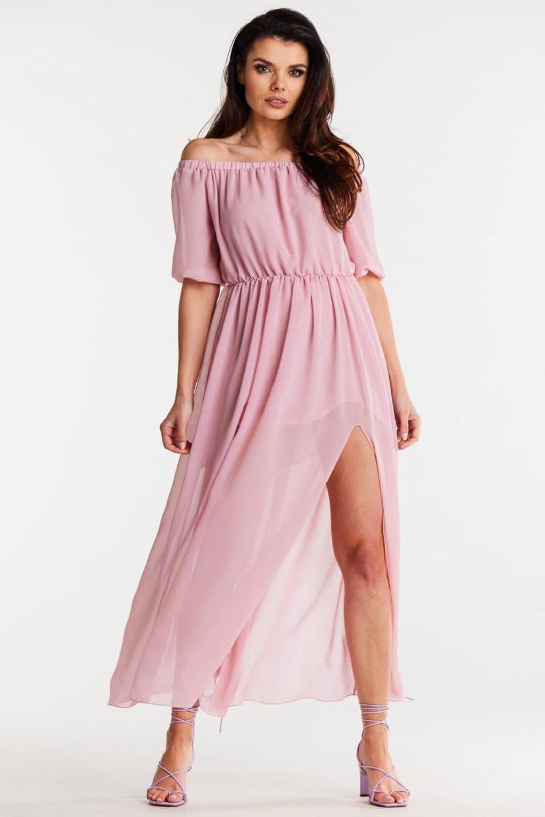 Love Lace Love Lace Women's Long Chiffon Dress With Elastic Fit Slits Style 196613 in Pink