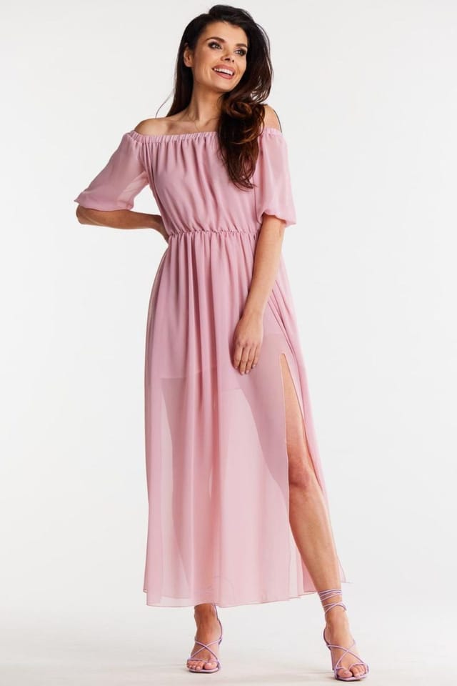 Love Lace Love Lace Women's Long Chiffon Dress With Elastic Fit Slits Style 196613 in Pink - 2