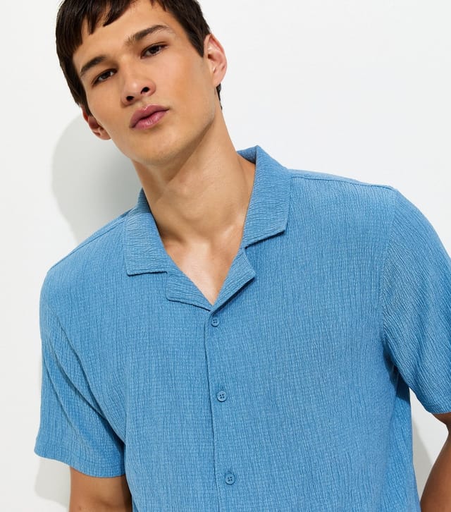 New Look Men's Light Blue Short Sleeve Regular Crinkle Shirt New Look - 3