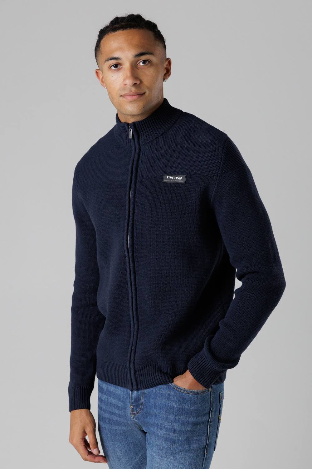 Firetrap Firetrap Men's Cotton Rich Zip Through Funnel Neck Jumper in Dark Navy - 1