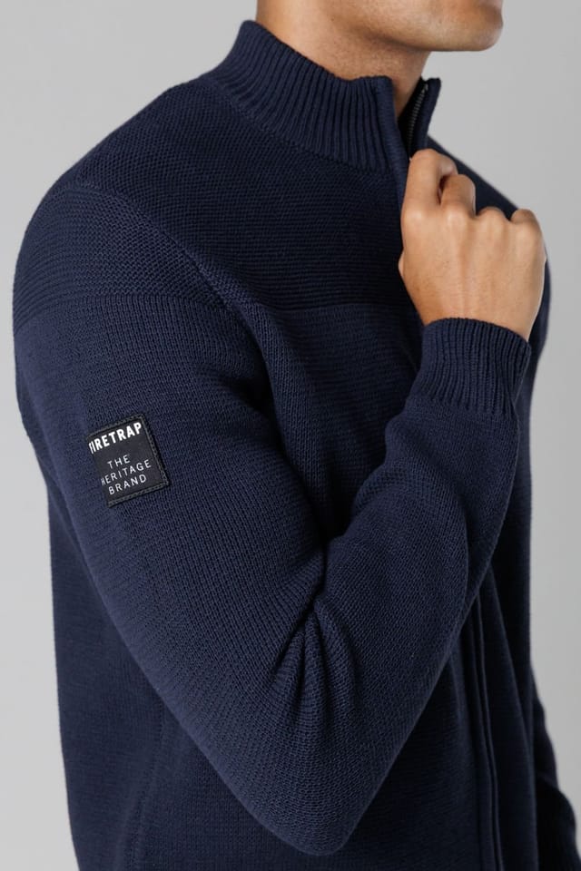 Firetrap Firetrap Men's Cotton Rich Zip Through Funnel Neck Jumper in Dark Navy - 3