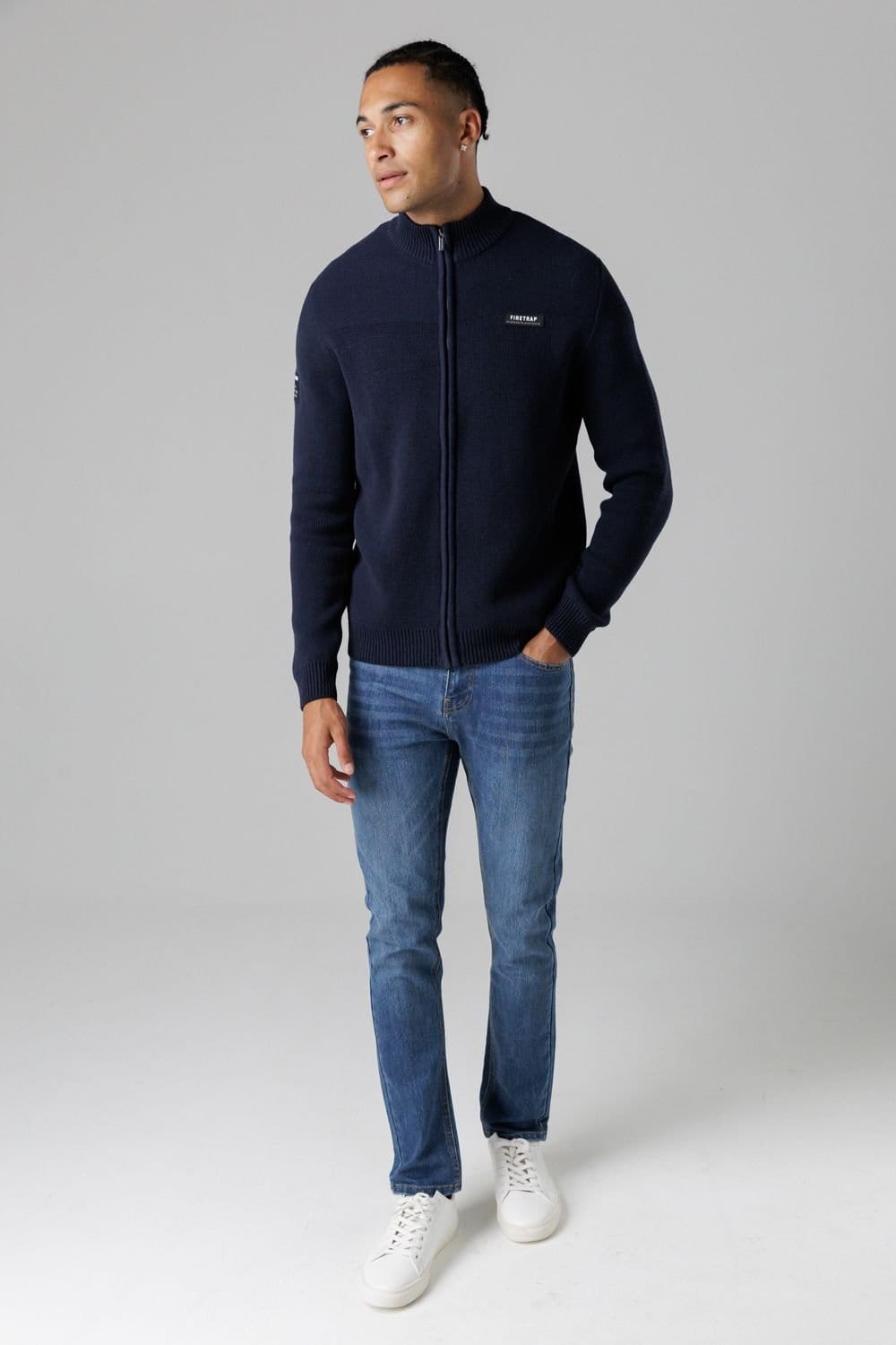 Firetrap Firetrap Men's Cotton Rich Zip Through Funnel Neck Jumper in Dark Navy - 4
