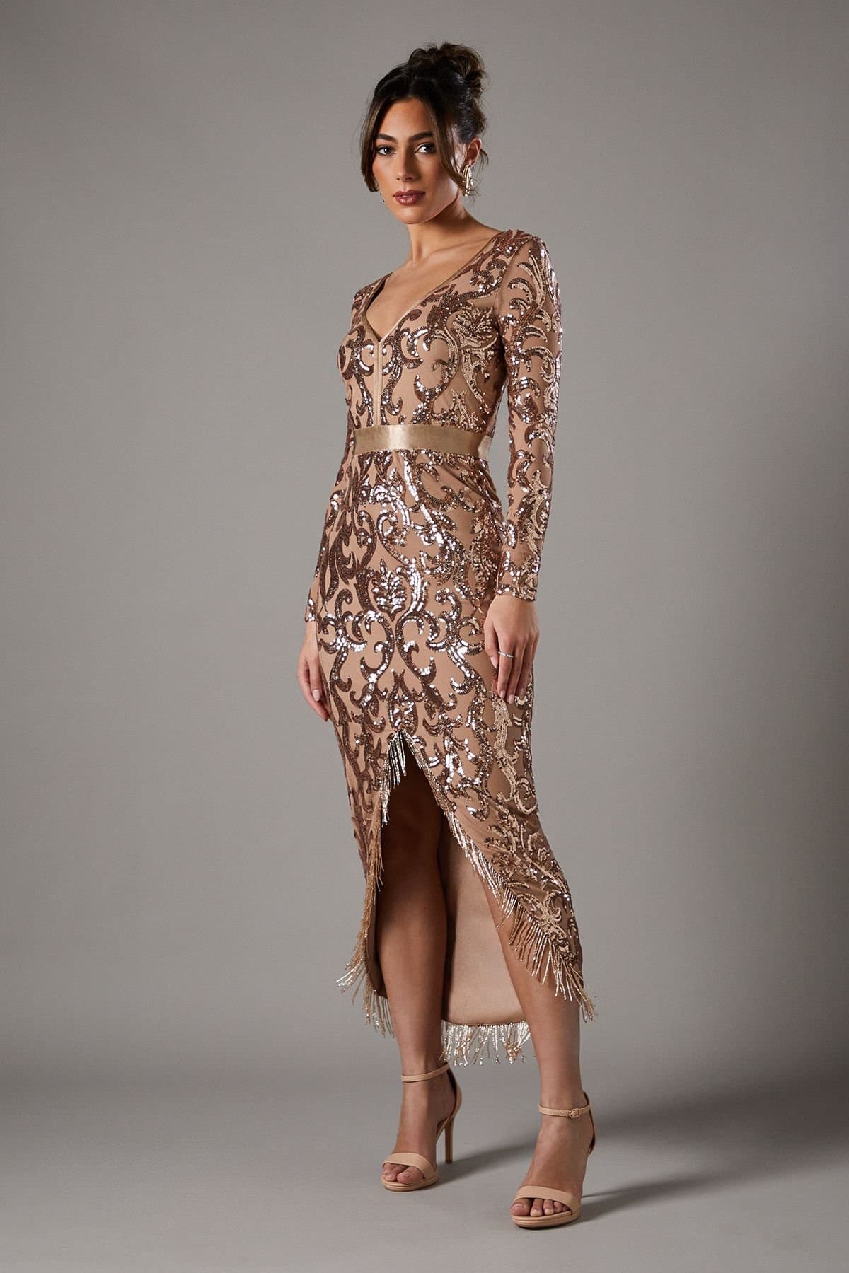 Coast Coast Women's V Neck Maxi Dress In Sequin Lace With Embellishment Trim in Champagne