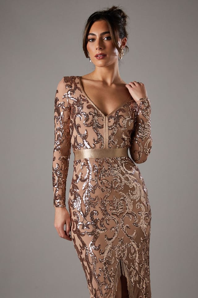 Coast Coast Women's V Neck Maxi Dress In Sequin Lace With Embellishment Trim in Champagne - 2