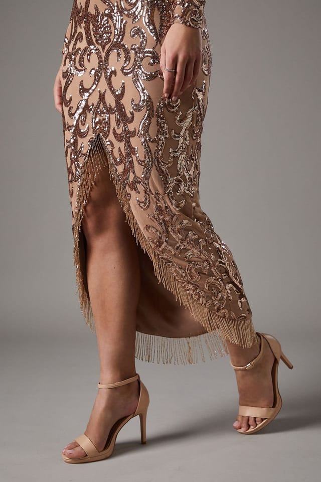 Coast Coast Women's V Neck Maxi Dress In Sequin Lace With Embellishment Trim in Champagne - 3