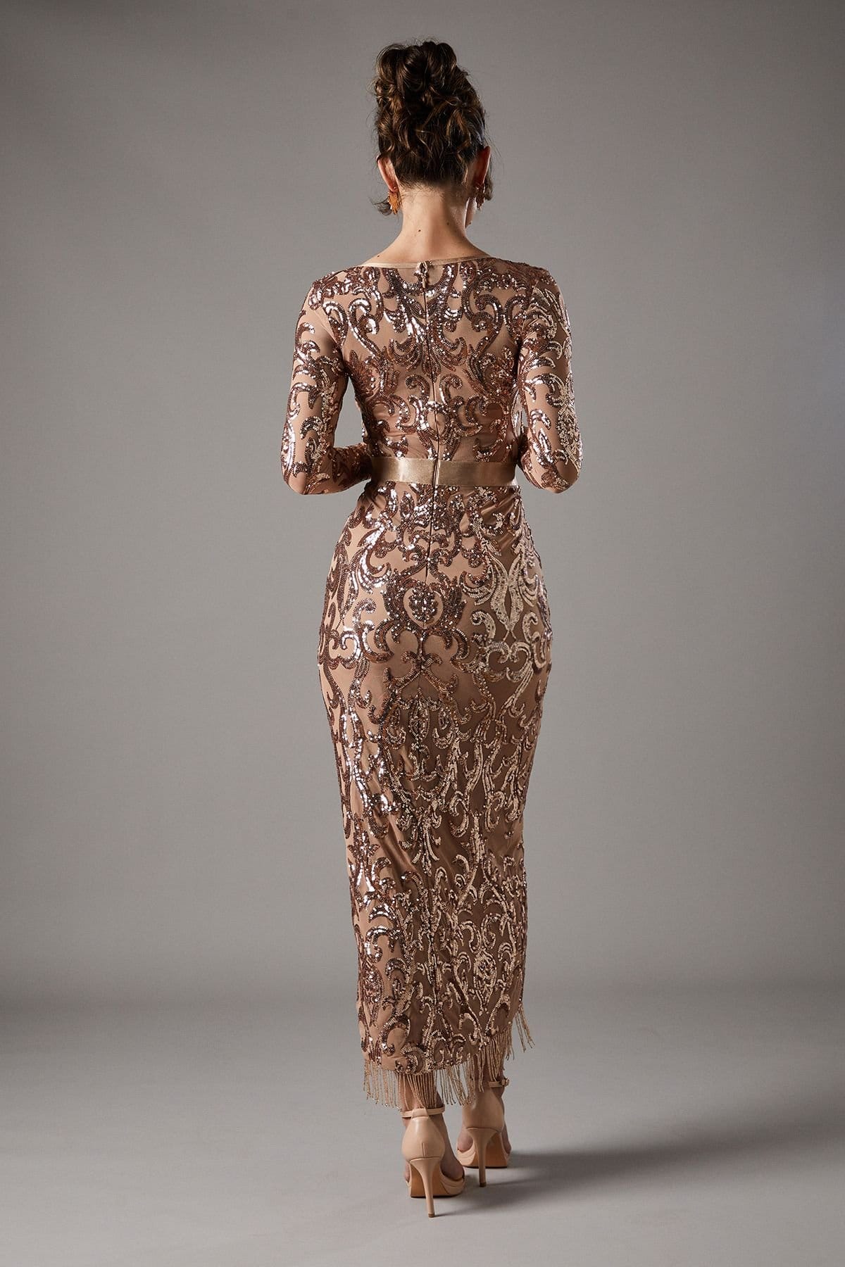 Coast Coast Women's V Neck Maxi Dress In Sequin Lace With Embellishment Trim in Champagne - 4