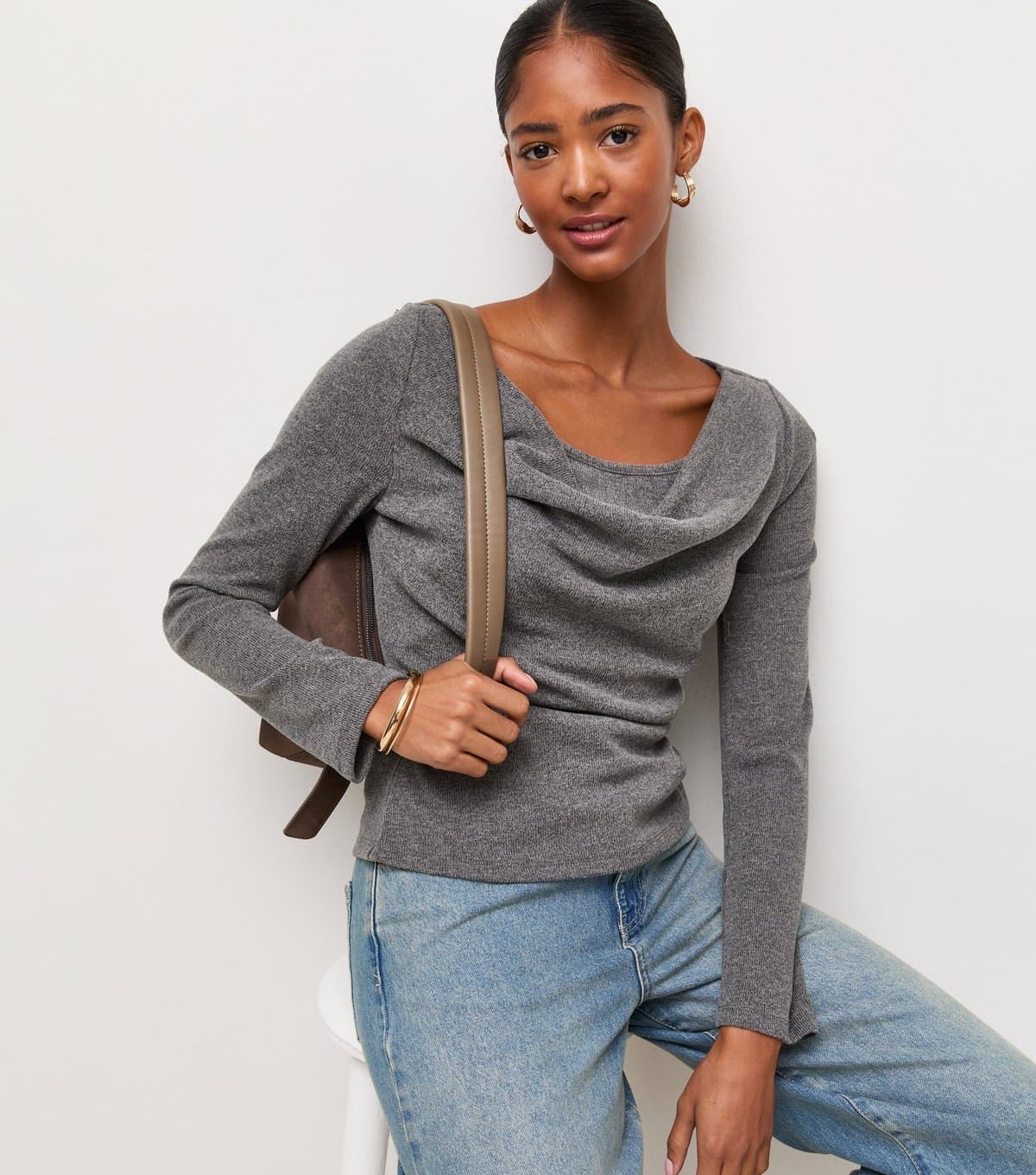 New Look Women's Dark Grey Soft Touch Cowl Neck Top New Look
