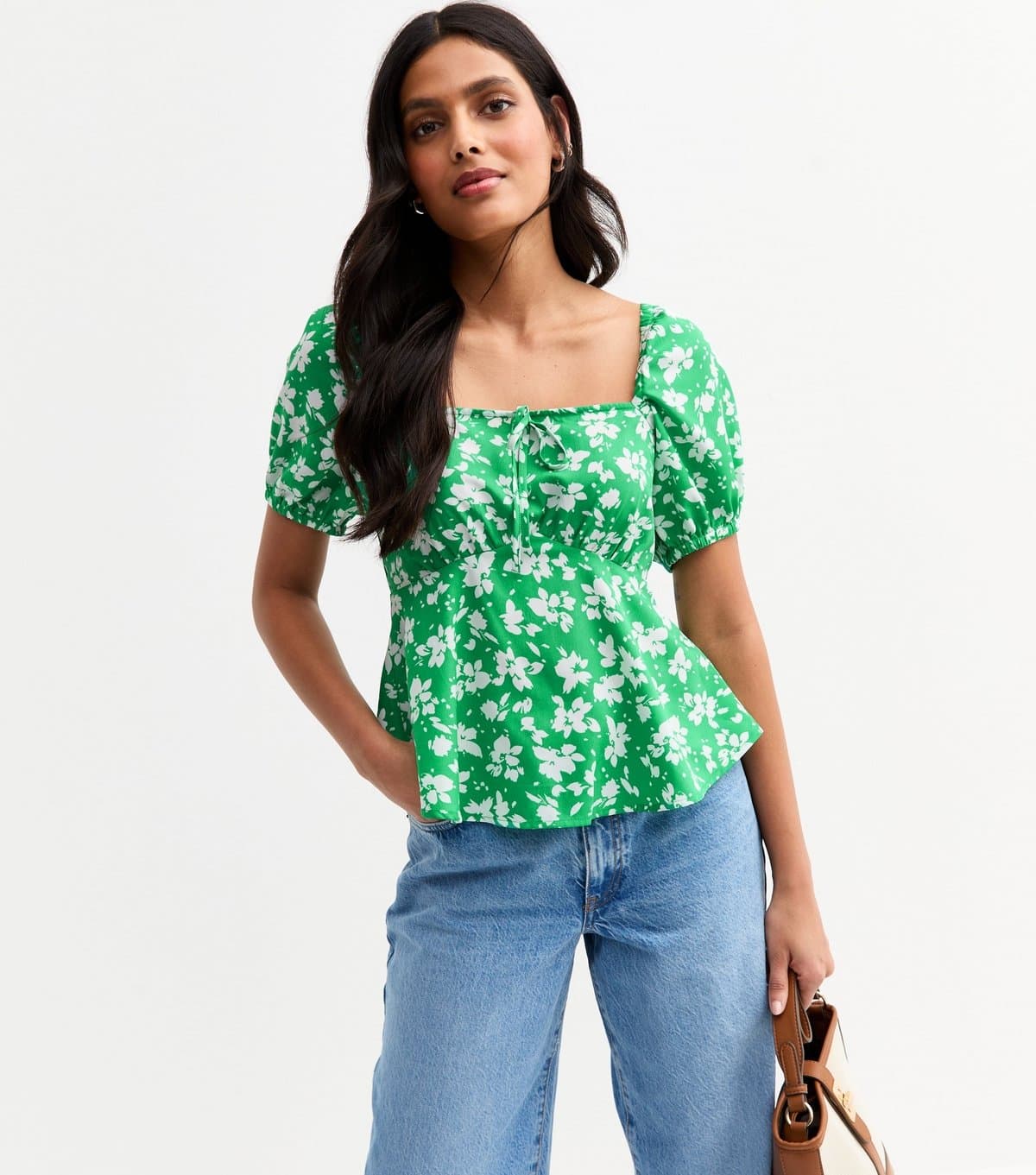 New Look Women's Green Floral Print Peplum Top New Look