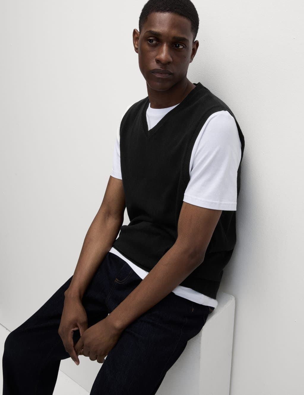 Marks & Spencer M&S Sleeveless V-Neck Jumper In Pure Cotton Black