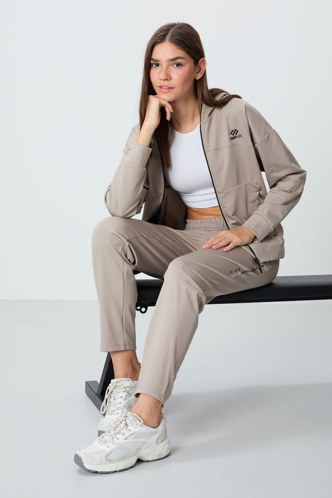 Tommy Life Tommy Life Women's Women's Hooded Zip Sweatshirt & Pants Set in Beige