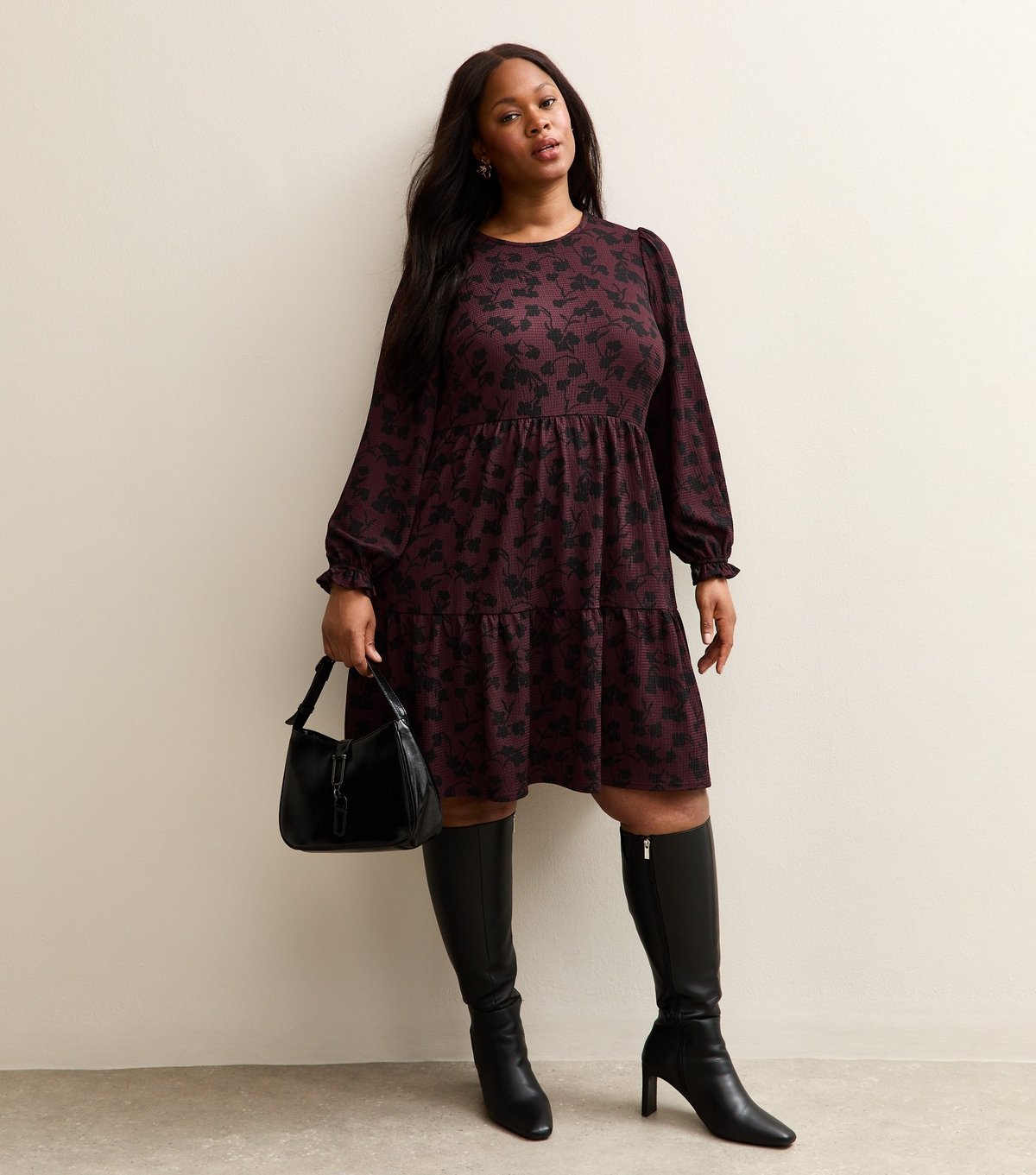 New Look Women's Plus Size Purple Pattern Tiered Smock Mini Dress Curves New Look - 3