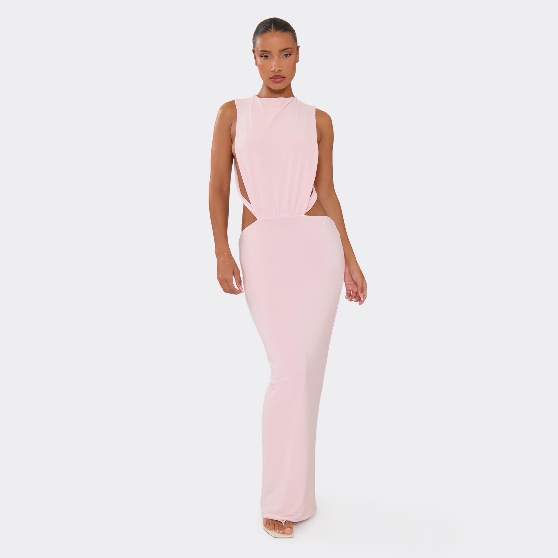 EGO Sleeveless Cut Out Side Detail Open Back Maxi Dress In Baby Pink, Women's Size UK 6