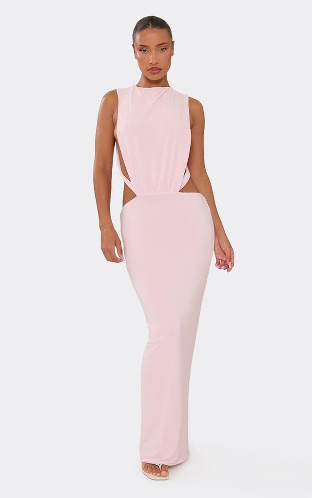 EGO Sleeveless Cut Out Side Detail Open Back Maxi Dress In Baby Pink, Women's Size UK 6 - 2