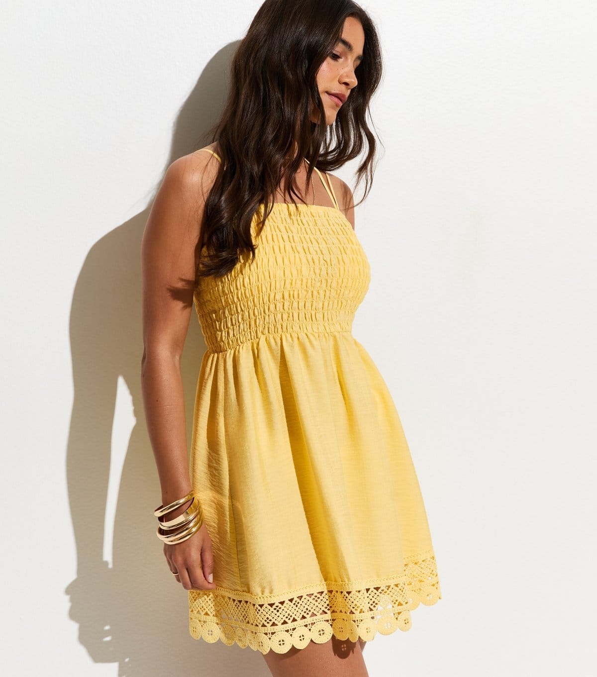 Women's Light Yellow Lace Trim Shirred Mini Dress New Look