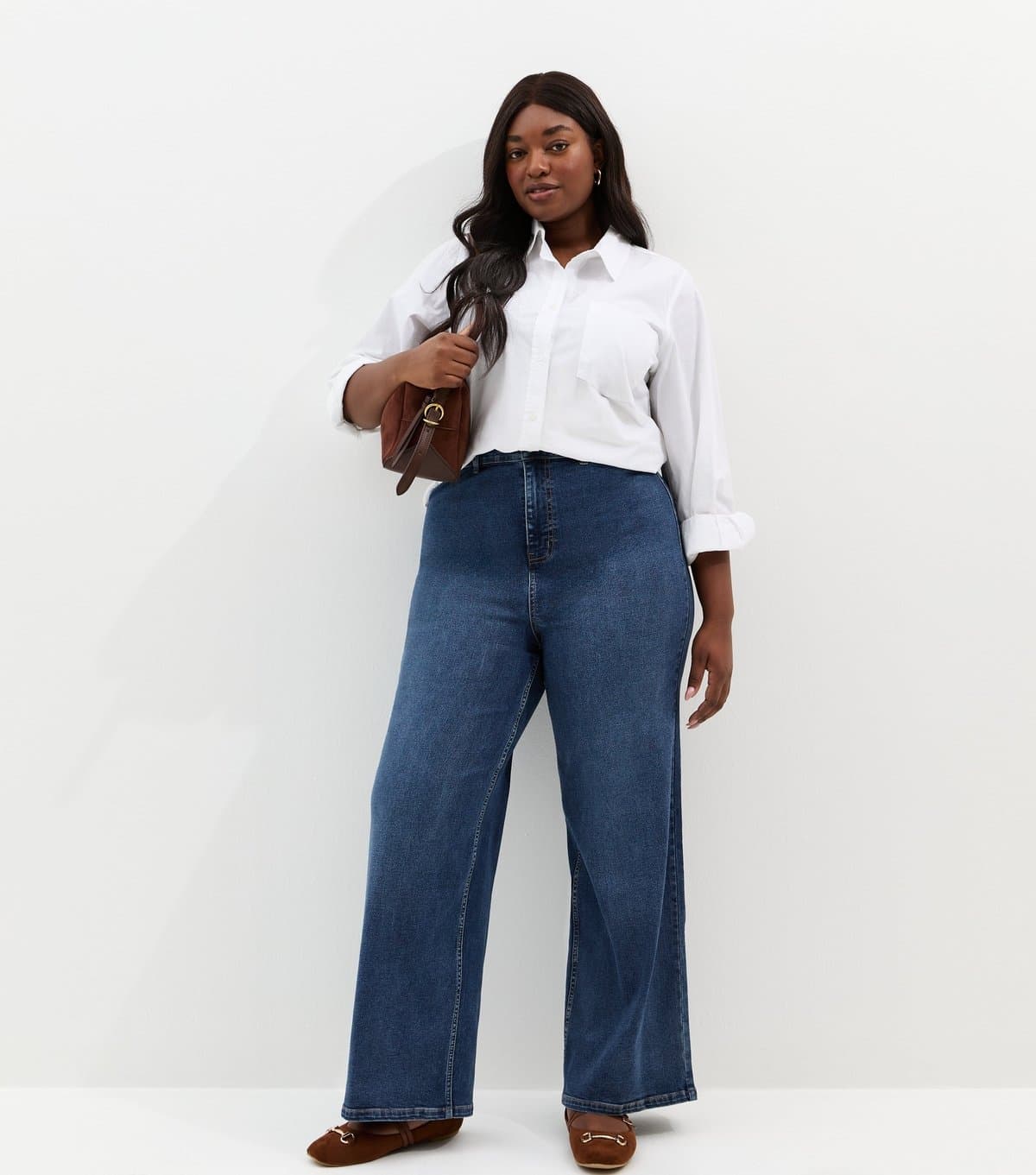 New Look Women's Plus Size Mid Blue High Waist Stretch Denim Wide Leg Jeans Curves New Look