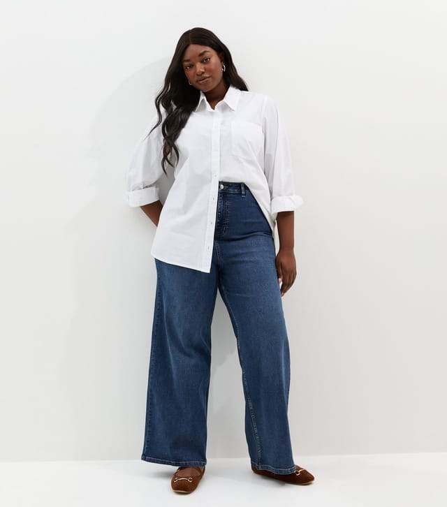 New Look Women's Plus Size Mid Blue High Waist Stretch Denim Wide Leg Jeans Curves New Look - 3