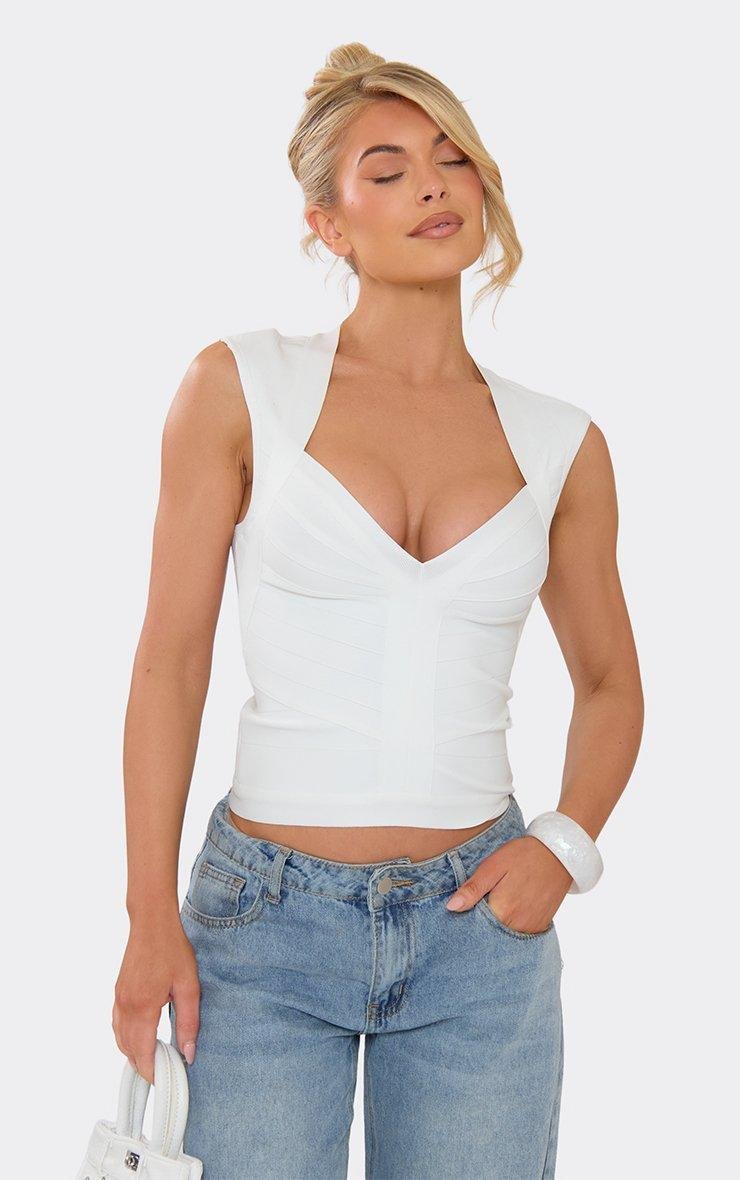 EGO Plunge Neck Cap Sleeve Top In White Bandage, Women's Size UK 6 - 2