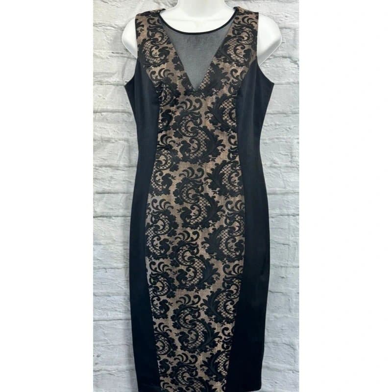 Next Next Pencil Dress Size 10 R Black Beige Gold Lace Panel Dark Academia Zip BNWT