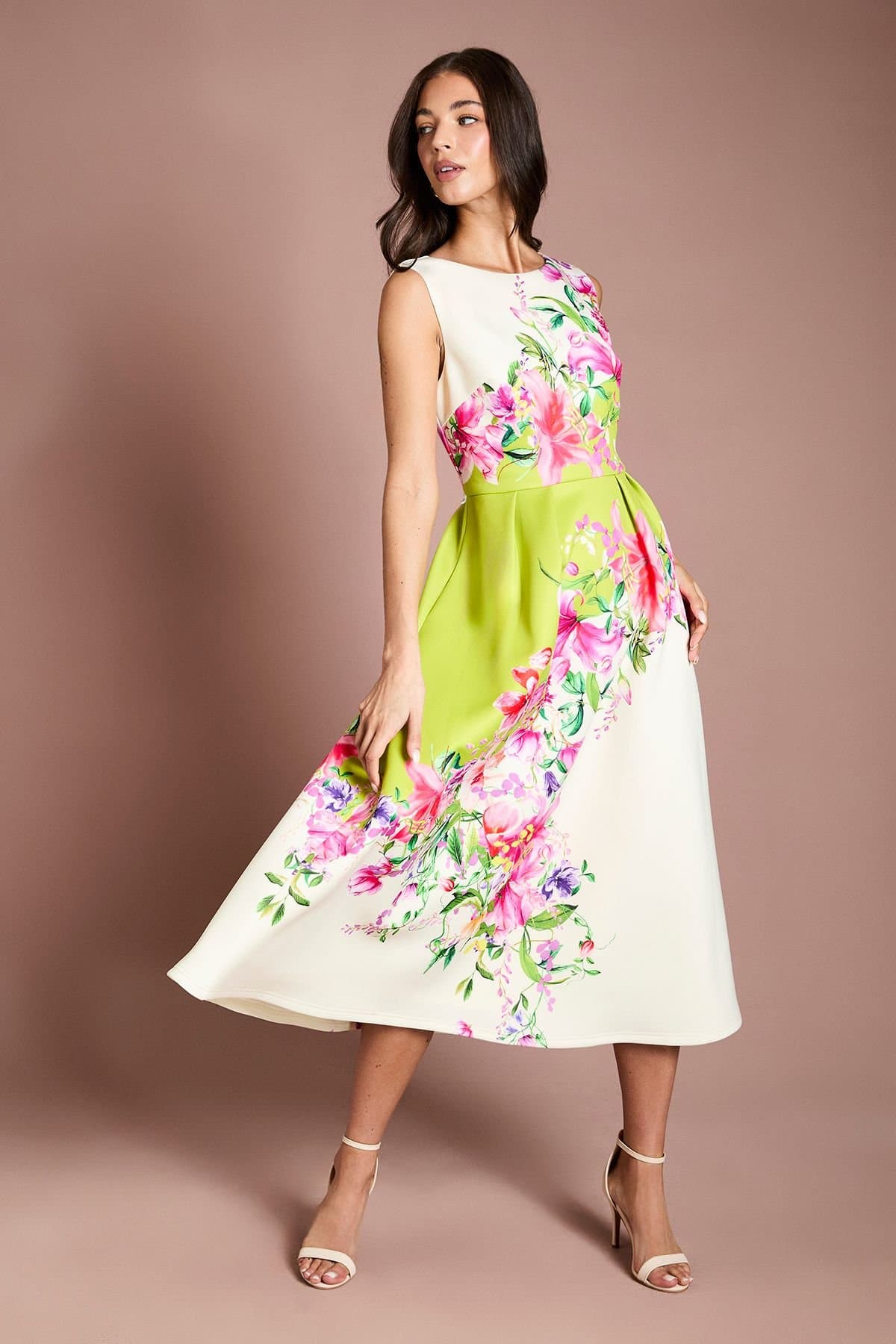 Coast Coast Women's Scuba Fit & Flare Floral Placement Print Dress in Ivory
