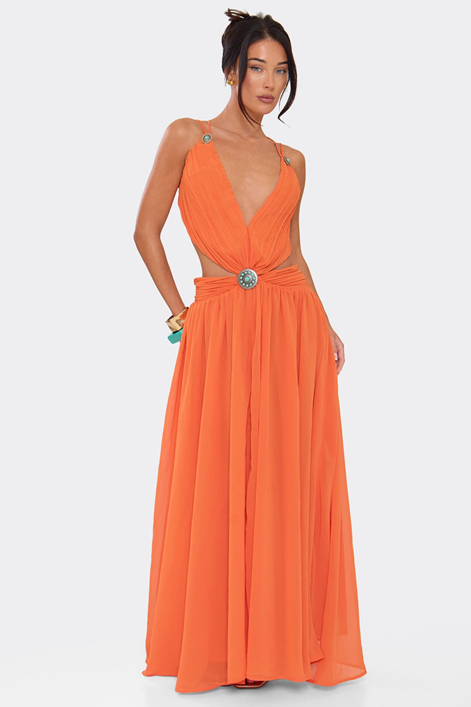 EGO EGO Women's Strappy Cut Out Waist Chiffon Maxi Dress in Tangerine
