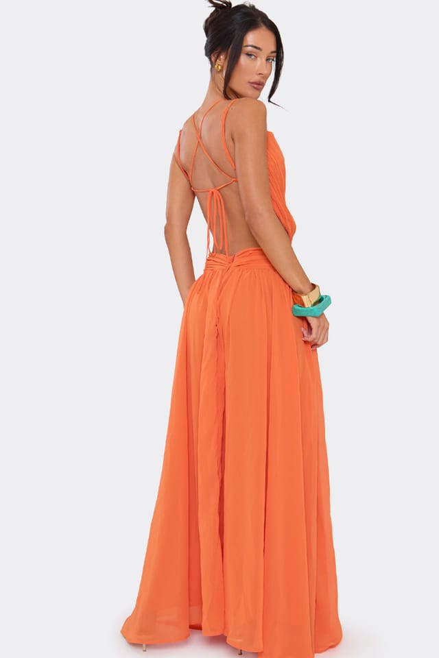 EGO EGO Women's Strappy Cut Out Waist Chiffon Maxi Dress in Tangerine - 2