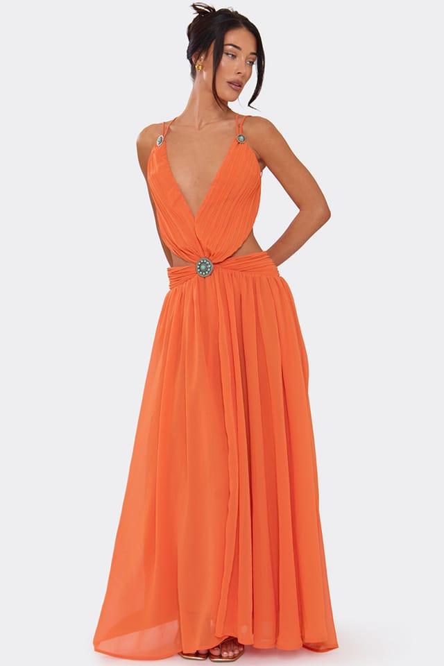 EGO EGO Women's Strappy Cut Out Waist Chiffon Maxi Dress in Tangerine - 3