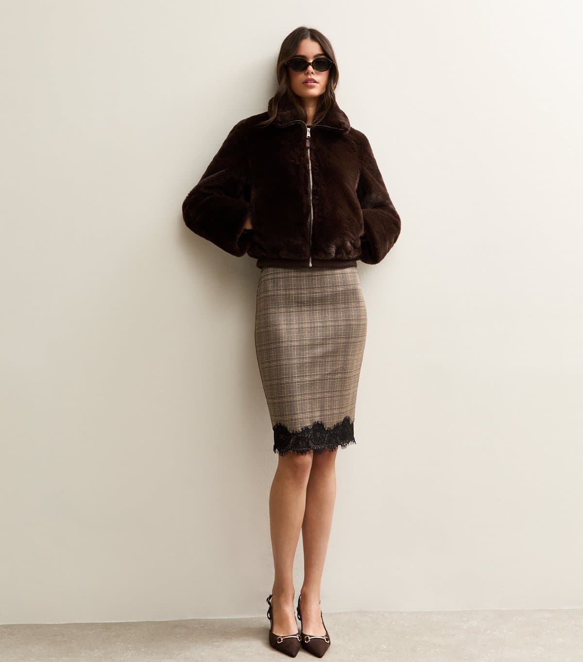 New Look New Look Brown Check Lace Hem Midi Skirt