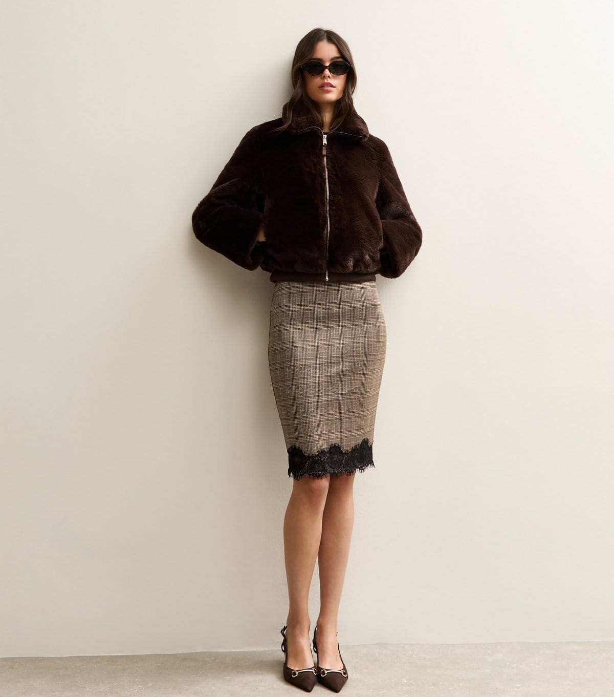 New Look Brown Check Lace Hem Midi Skirt