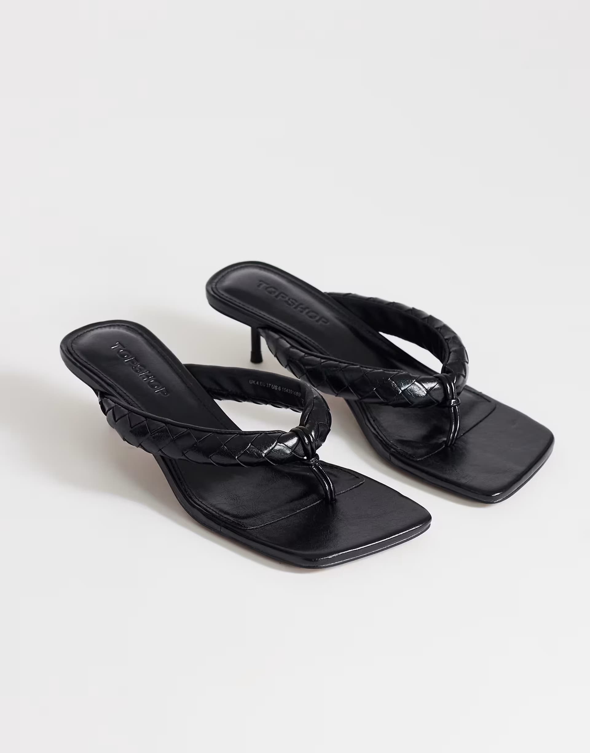 ASOS Topshop Emily pin mid heel woven toe thong sandal in black