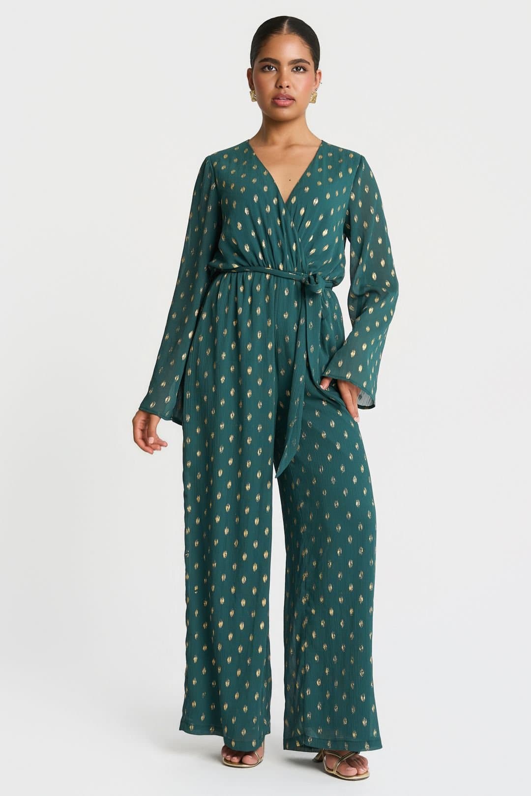 Needs No Label Needs No Label Women's Green Foil Wrap Jumpsuit
