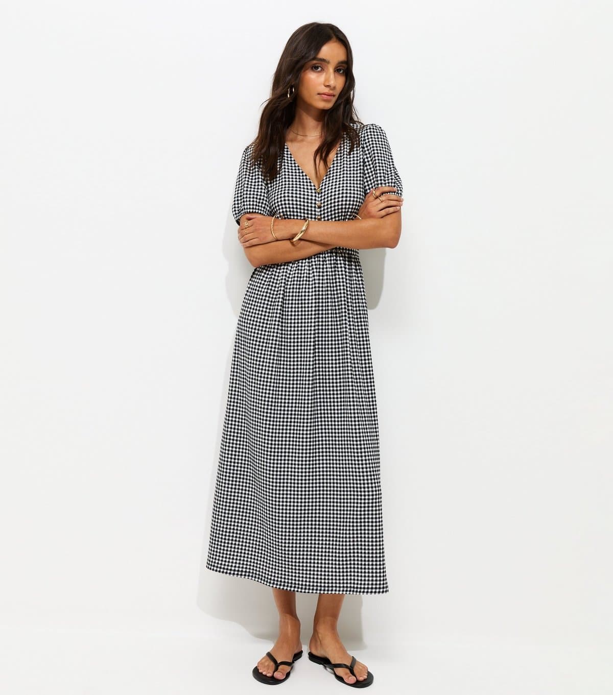 New Look Women's Black Crinkle Texture Gingham Button Front Short Sleeve Midi Dress New Look