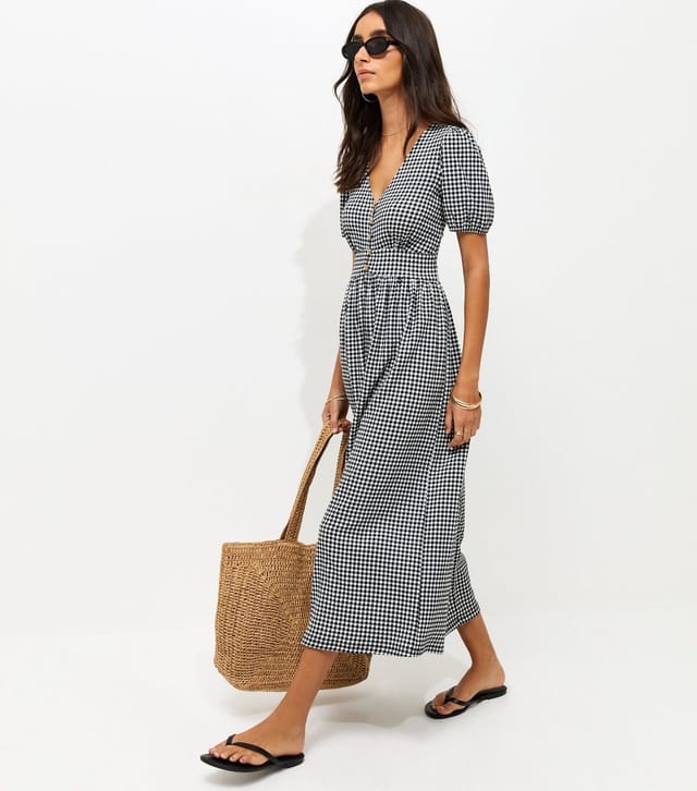 New Look Women's Black Crinkle Texture Gingham Button Front Short Sleeve Midi Dress New Look - 2