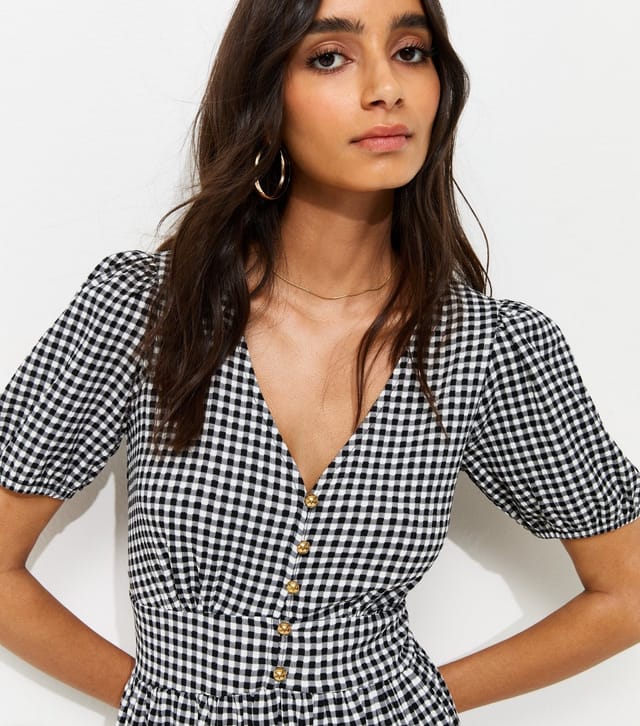 New Look Women's Black Crinkle Texture Gingham Button Front Short Sleeve Midi Dress New Look - 3
