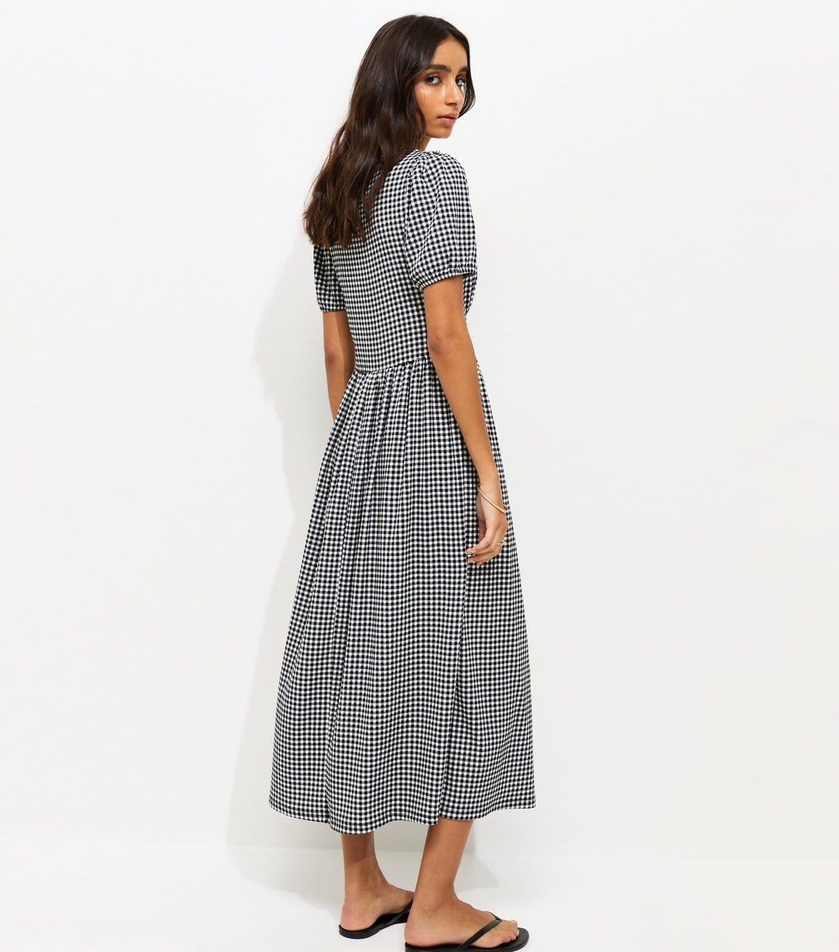 New Look Women's Black Crinkle Texture Gingham Button Front Short Sleeve Midi Dress New Look - 4