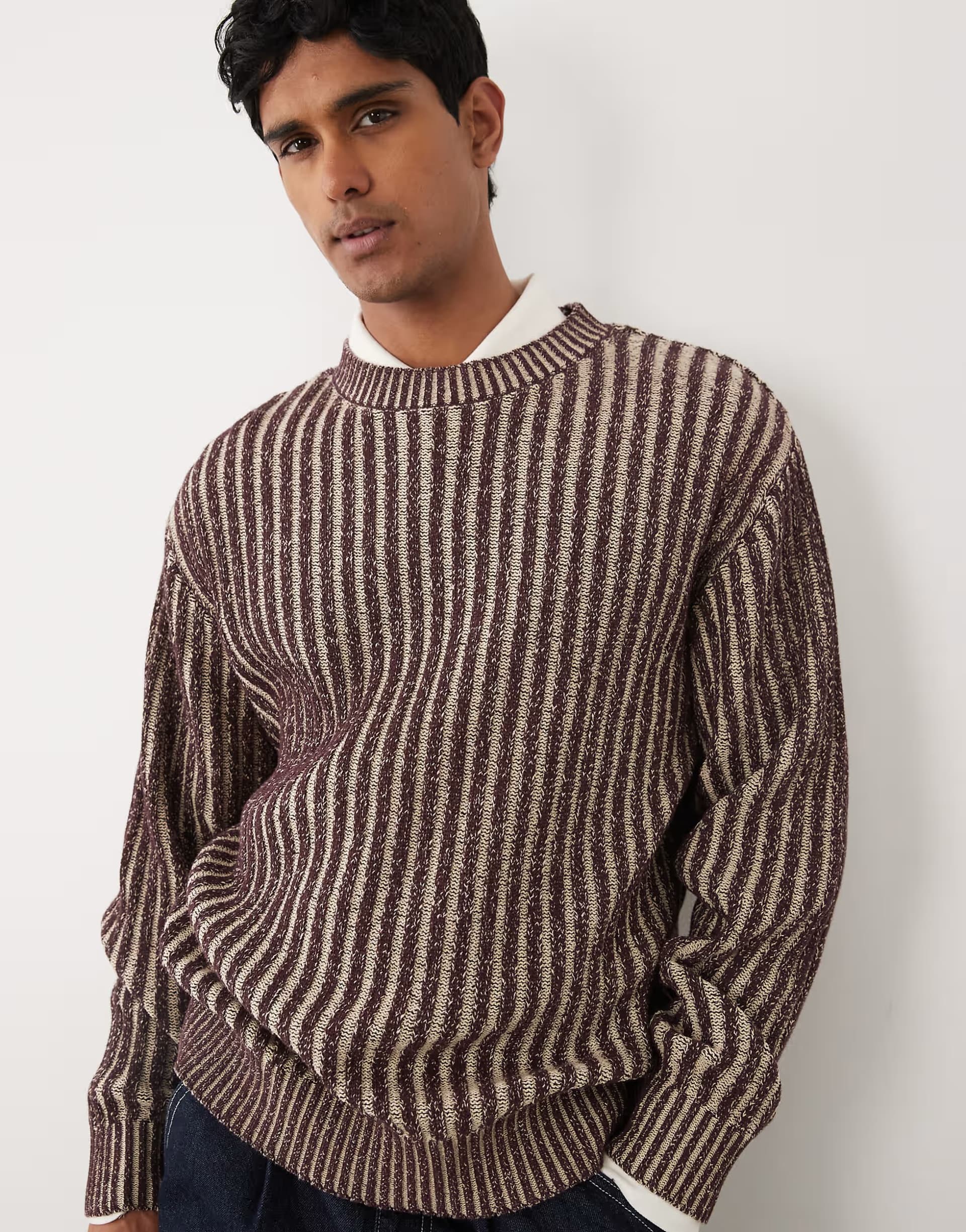 ASOS Redefined Rebel power stripe boxy fit jumper in burgundy