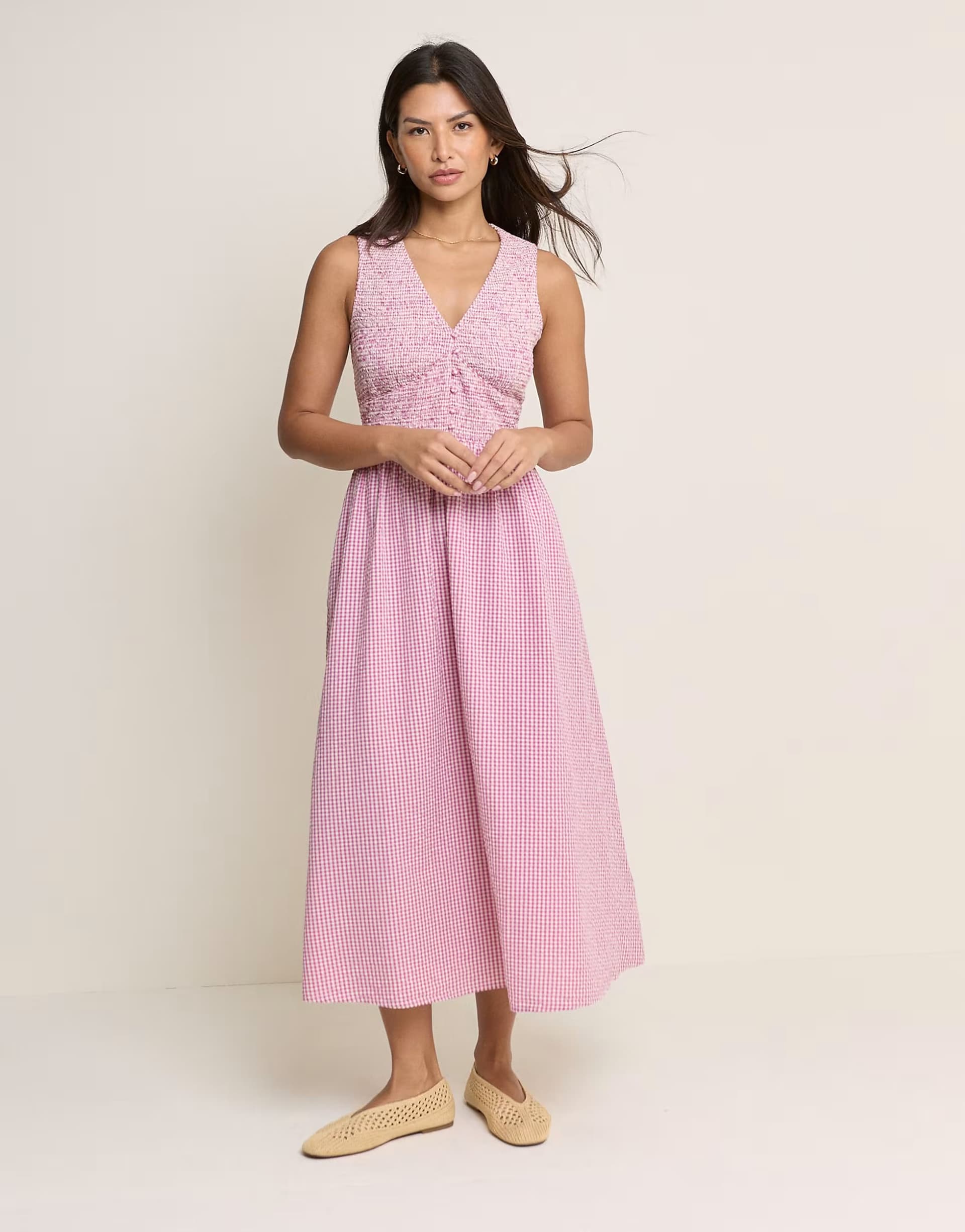 ASOS Nobody's Child Eliza cotton rich shirred bodice midi dress in pink gingham