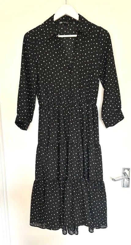 Zara ZARA black white polka dot tiered midi shirt dress – collared, floaty, autumn-ready – UK 10 / S