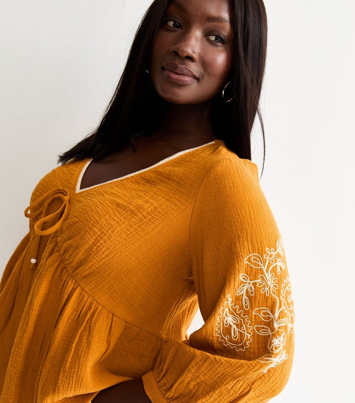 New Look Women's Plus Size Burnt Orange Embroidered Cropped Sleeve Tea Top Curves New Look - 1