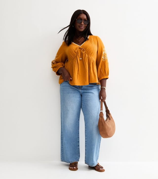 New Look Women's Plus Size Burnt Orange Embroidered Cropped Sleeve Tea Top Curves New Look - 3