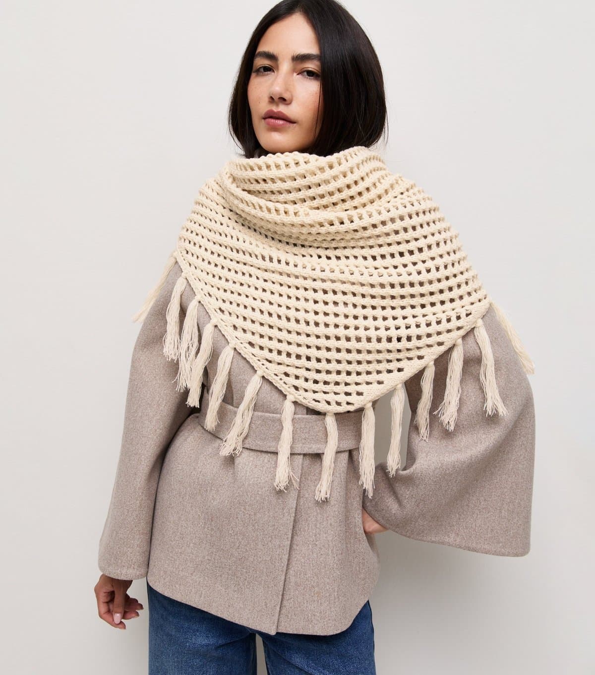 New Look Cream Crochet Knit Tassel Trim Shawl Scarf New Look