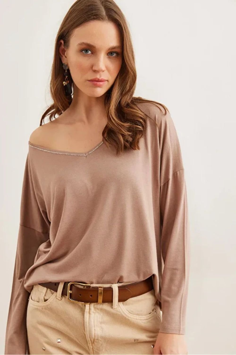 HOXTON GAL HOXTON GAL Women's Regular Fit Casual V-Neck Blouse with Stitch Detail in Light Beige - 2