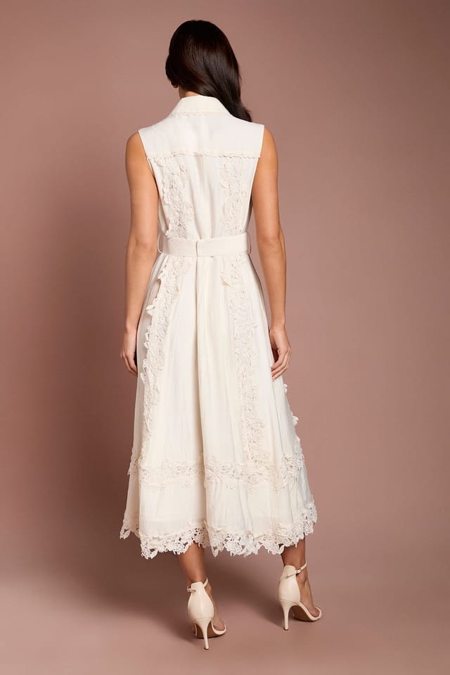 Coast Coast Women's Lace Panelled Belted Sleeveless Shirt Dress in Ivory - 3