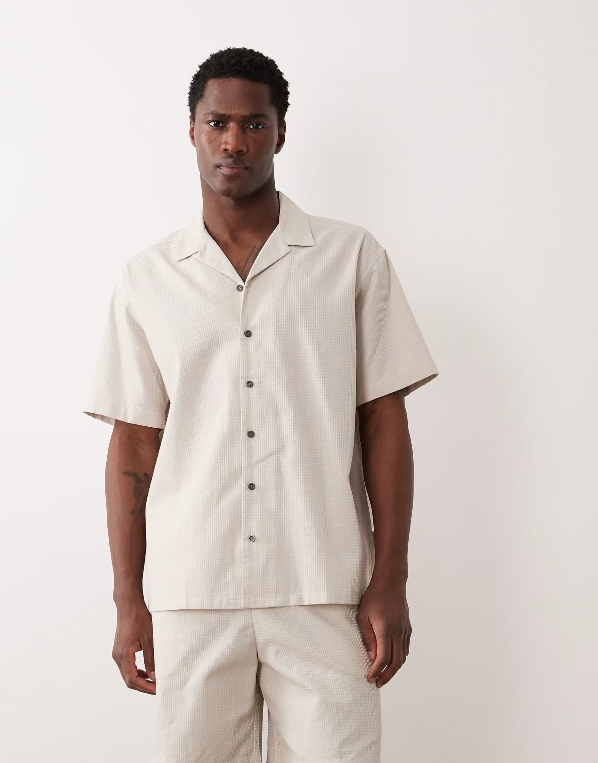 ASOS JJ Rebel co ord waffle shirt in beige