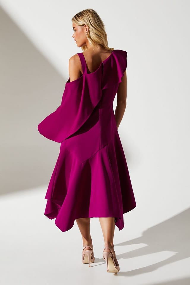 Coast Coast Women's Petite One Shoulder Ruffle Crepe Midi Wedding Guest Dress in Berry - 3
